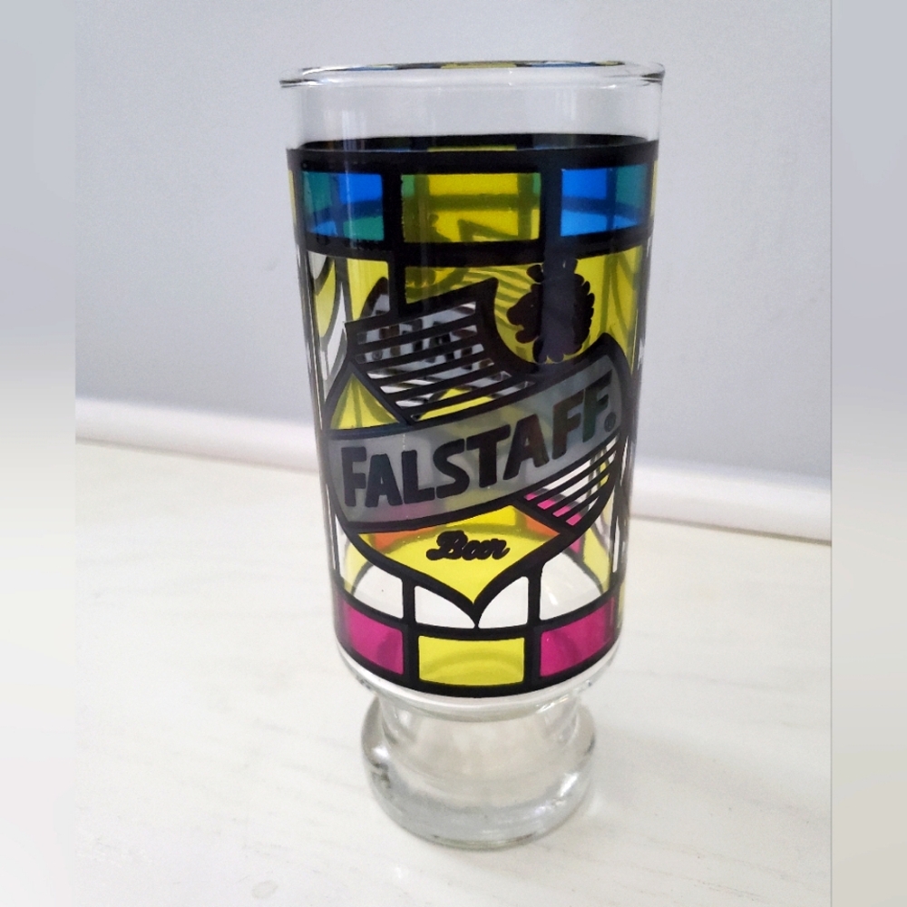 FALSTAFF BEER vintage drinking‎ glass 1970s stained-glass